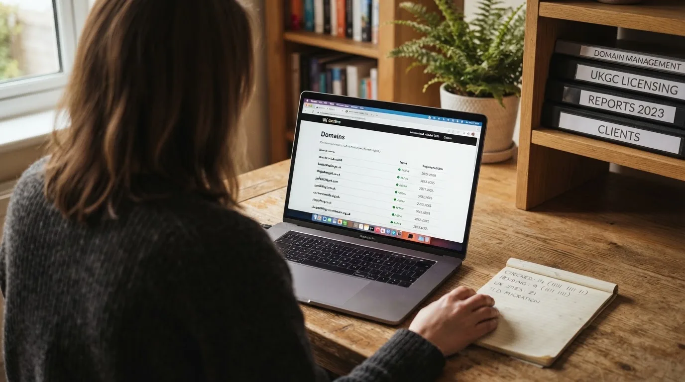 A laptop on a home desk showing a UK online casino comparison page open beside a notepad, with a laptop showing an international casino homepage in a browser visible in a browser tab list