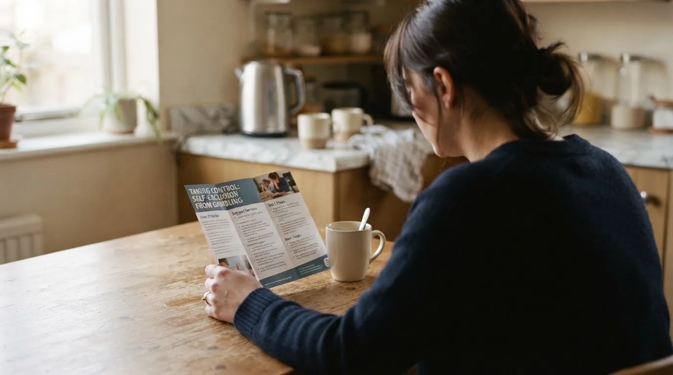 A person reading a self-exclusion leaflet at a kitchen table