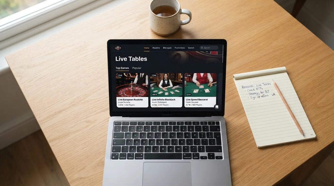 A laptop on a home desk showing a UK online casino comparison page open beside a notepad, with a laptop showing a live casino lobby with several table thumbnails visible in a browser tab list