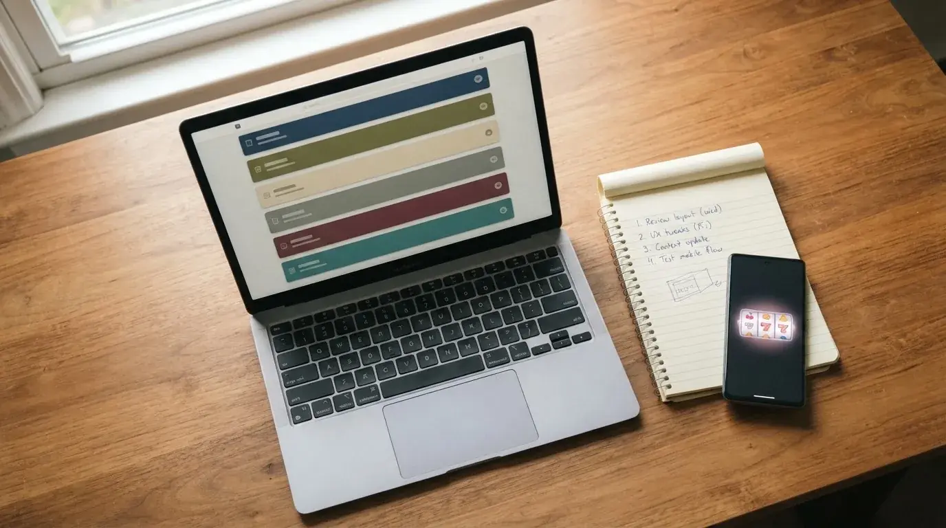 A laptop on a home desk showing a UK online casino comparison page open beside a notepad, with a mobile phone resting on a desk next to a casino app icon screen visible in a browser tab list