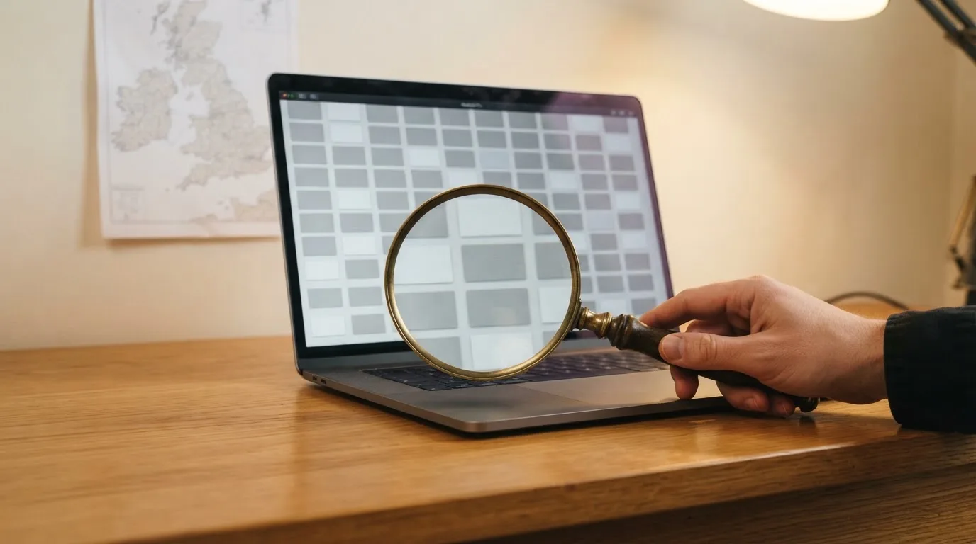 A magnifying glass held over a printed gambling licence certificate on a desk, with a UK map faintly visible in the background