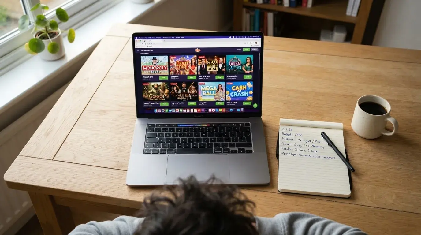 A laptop on a home desk showing a UK online casino comparison page open beside a notepad, with a laptop showing a live casino game show lobby page visible in a browser tab list