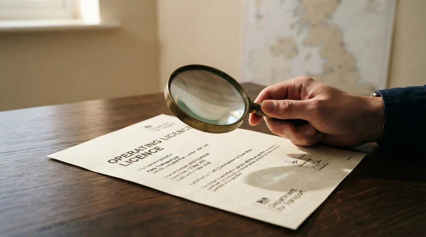 A magnifying glass held over a printed gambling licence certificate on a desk, with a UK map faintly visible in the background