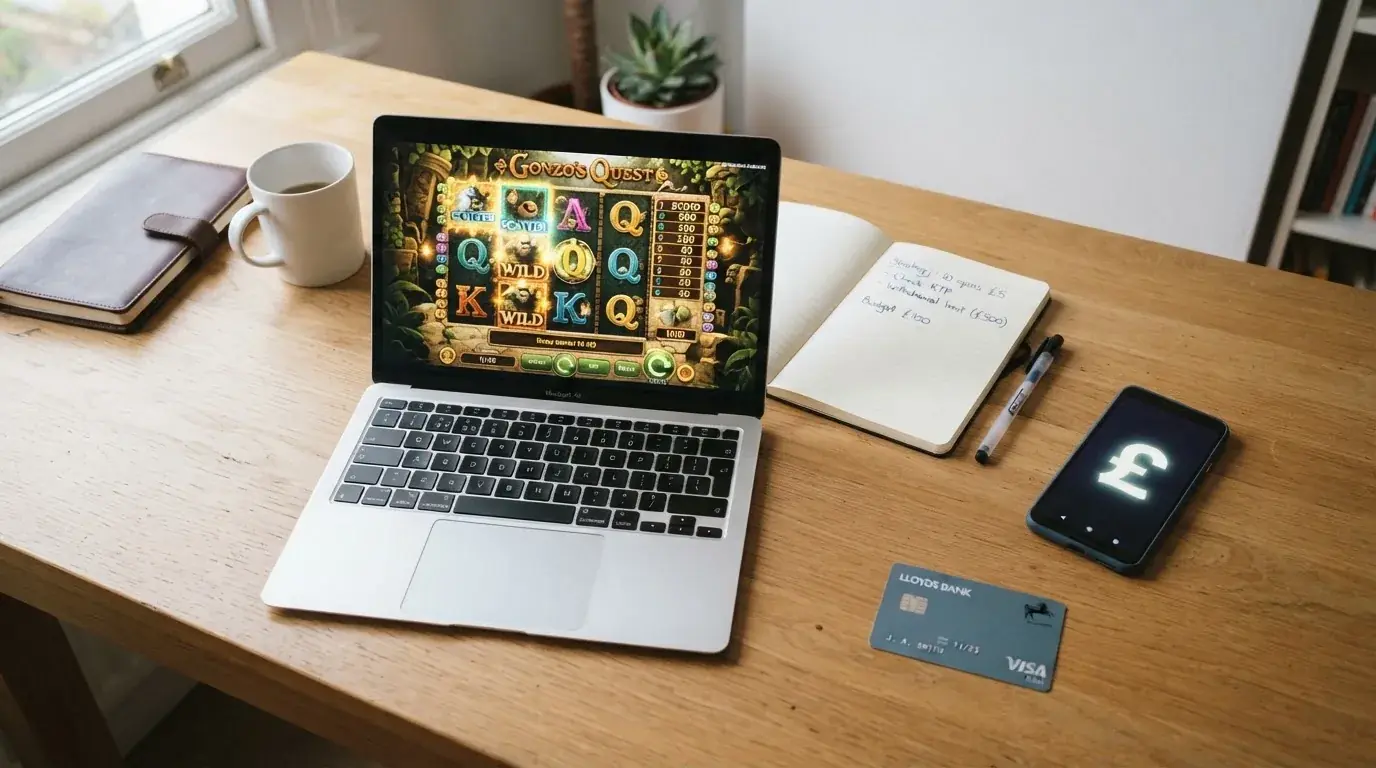 A laptop on a home desk showing a UK online casino comparison page open beside a notepad, with a desk with a debit card, a phone and a laptop showing a deposit form visible in a browser tab list