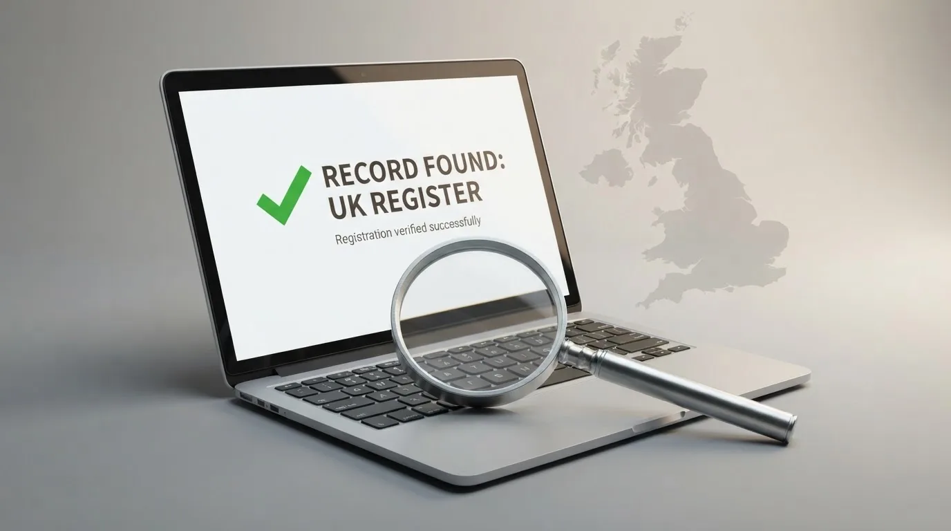 A magnifying glass held over a printed gambling licence certificate on a desk, with a UK map faintly visible in the background