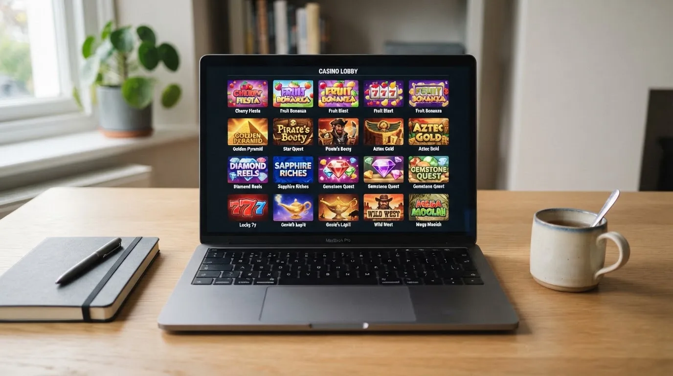 A laptop on a desk displaying a grid of slot game thumbnails in a casino lobby.