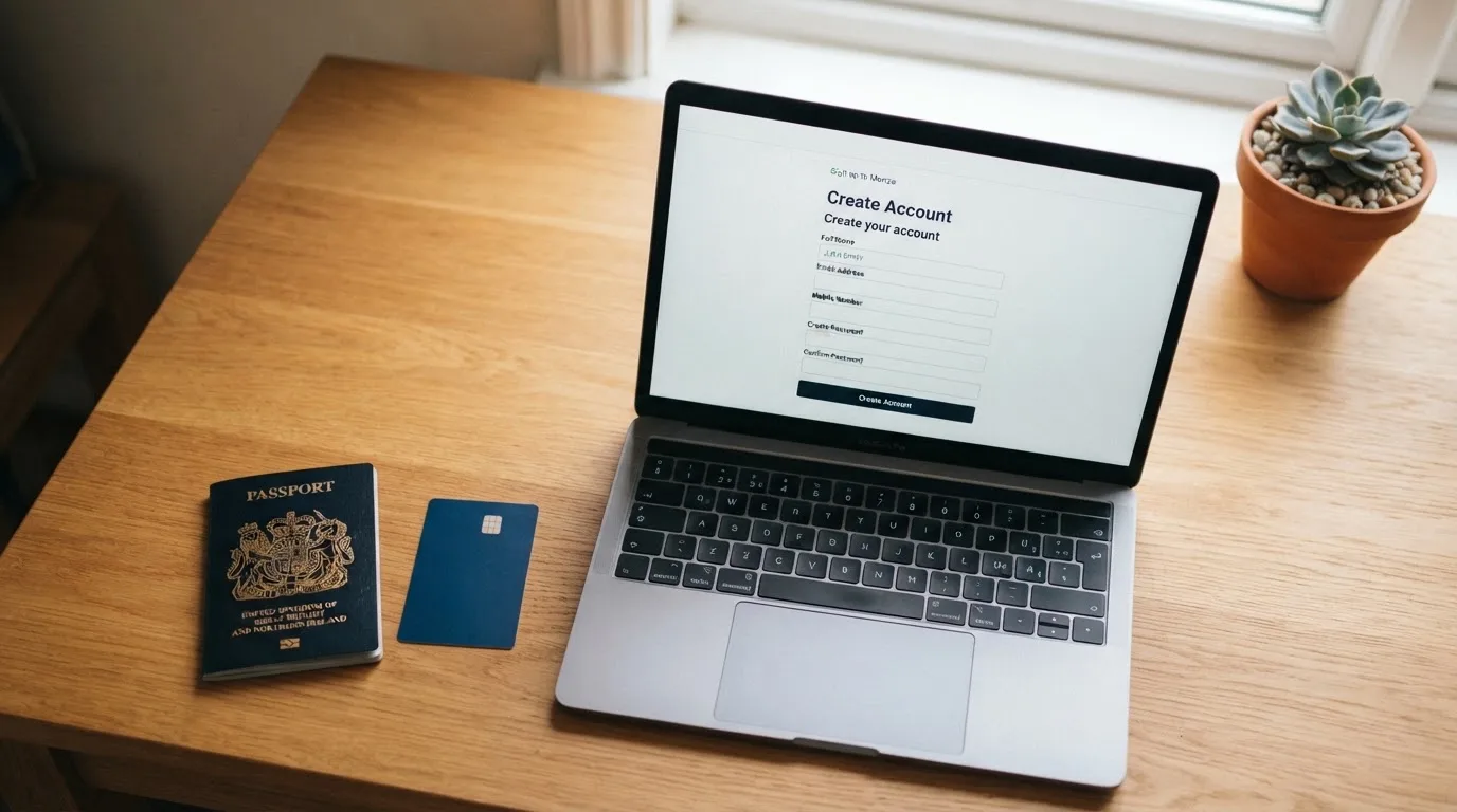 A UK passport and a bank card resting beside a laptop showing an account sign-up screen.