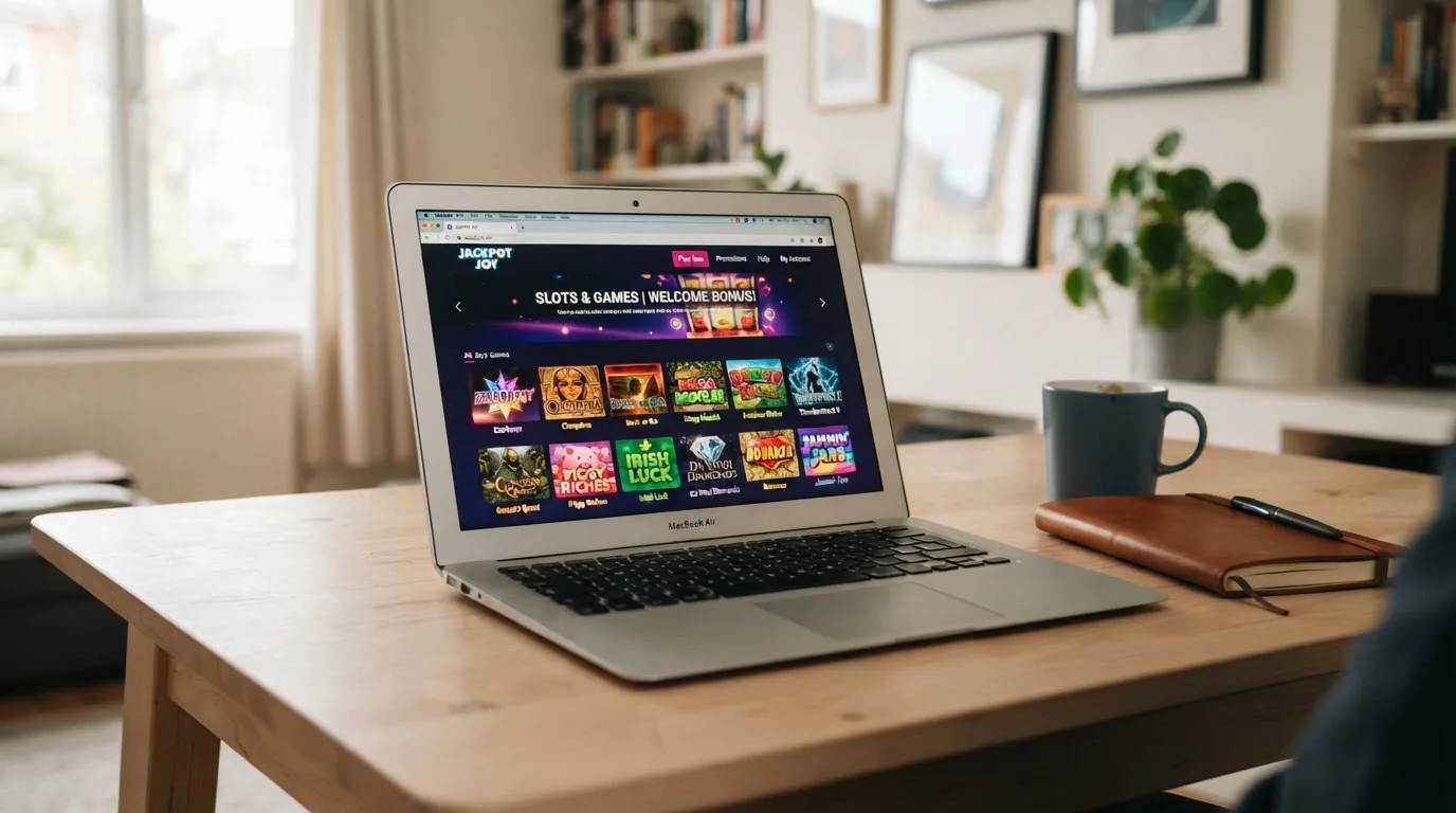 A laptop on a desk displaying a grid of slot game thumbnails in a casino lobby.