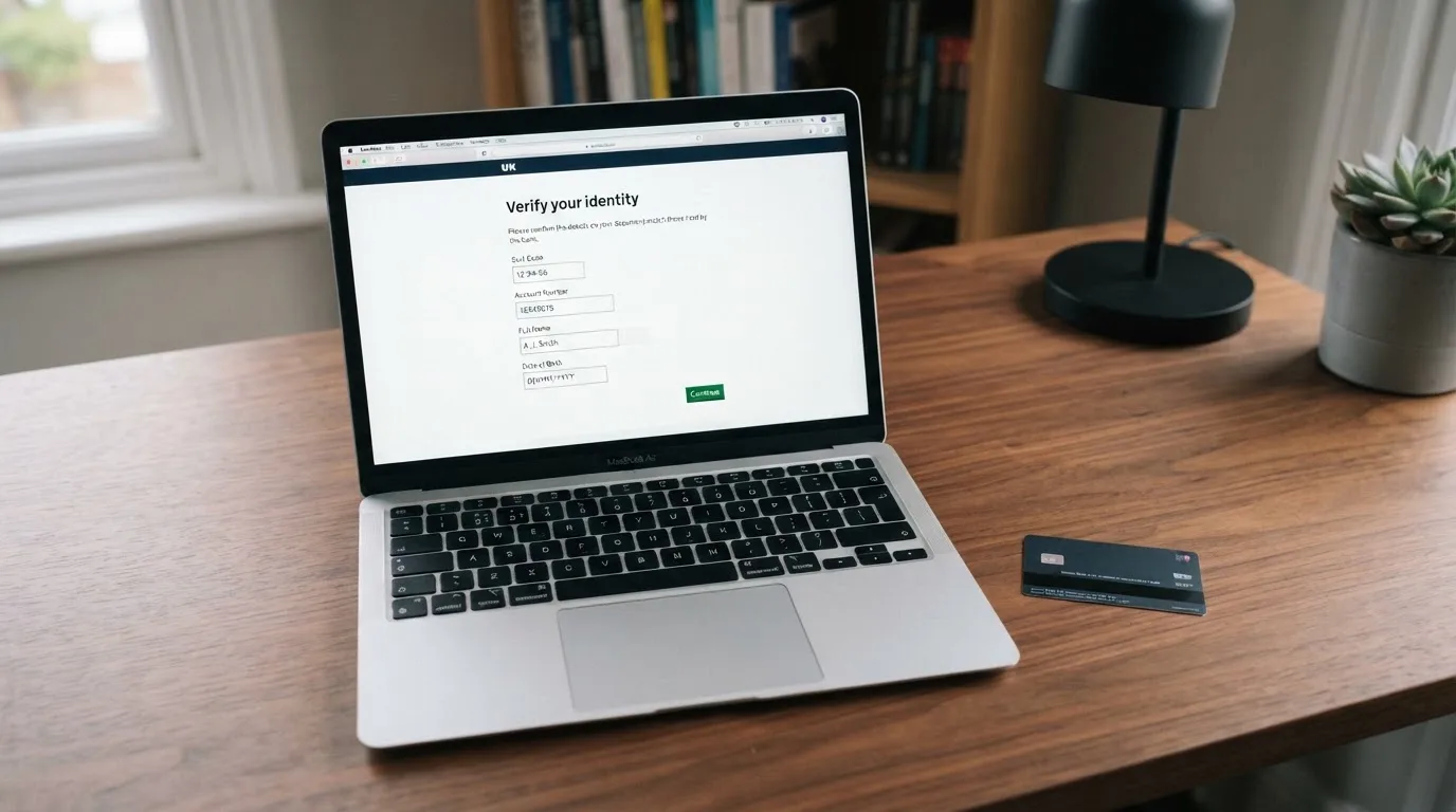 A UK passport and a bank card resting beside a laptop showing an account sign-up screen.