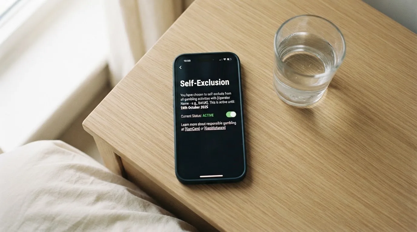 A phone displaying a self-exclusion settings screen next to a glass of water on a bedside table.