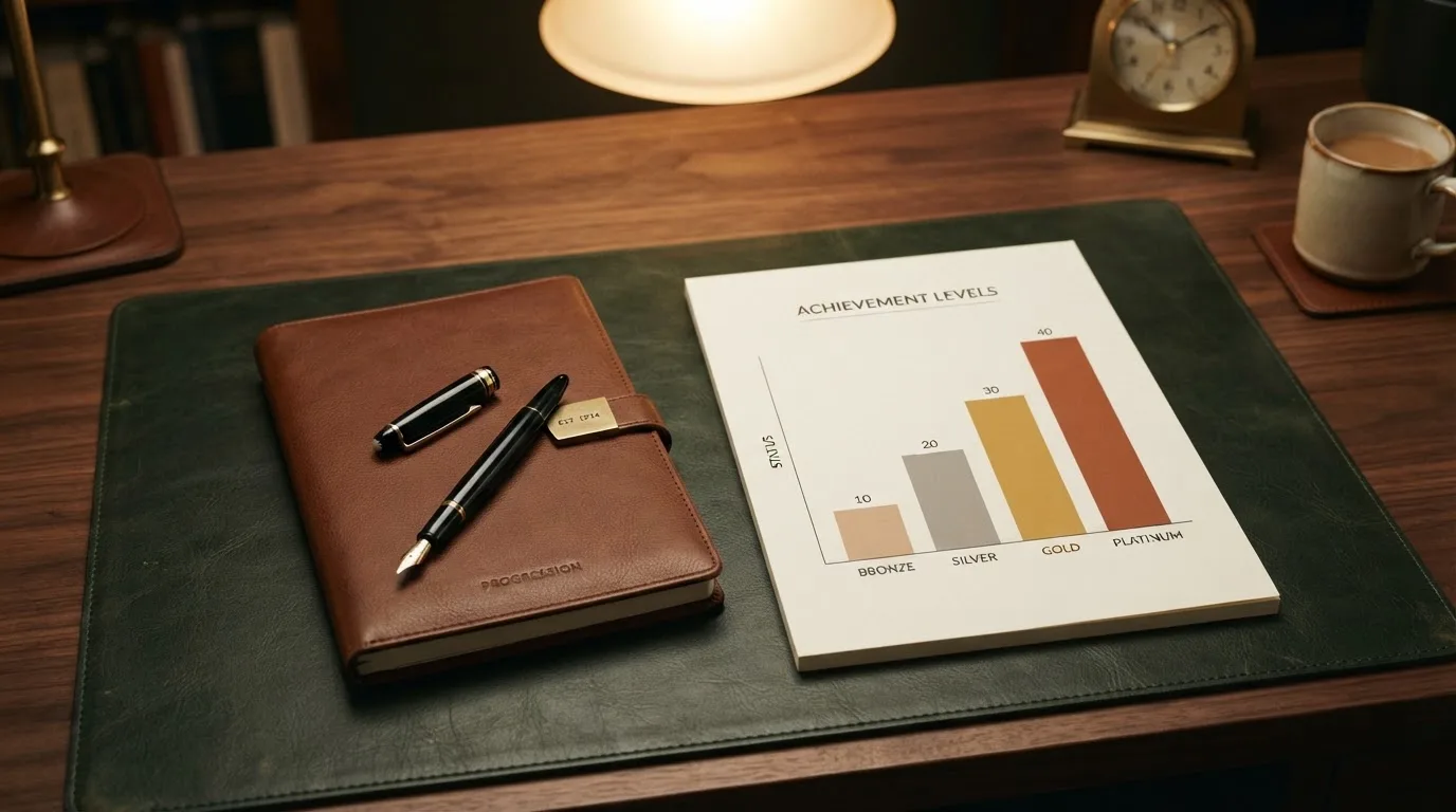A desk with a printed loyalty-tier chart, a fountain pen, and a closed leather notebook.