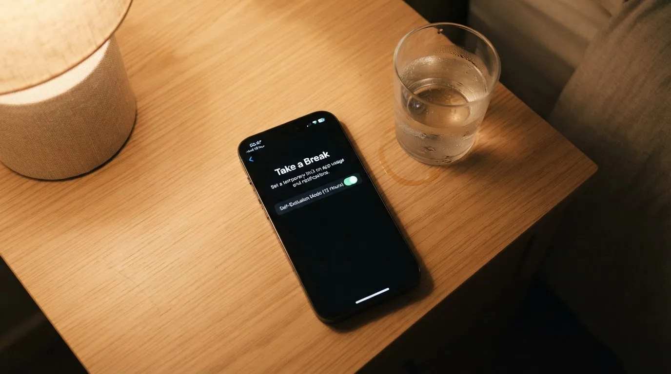A phone displaying a self-exclusion settings screen next to a glass of water on a bedside table.