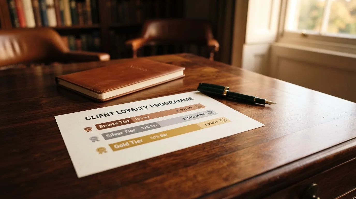 A desk with a printed loyalty-tier chart, a fountain pen, and a closed leather notebook.