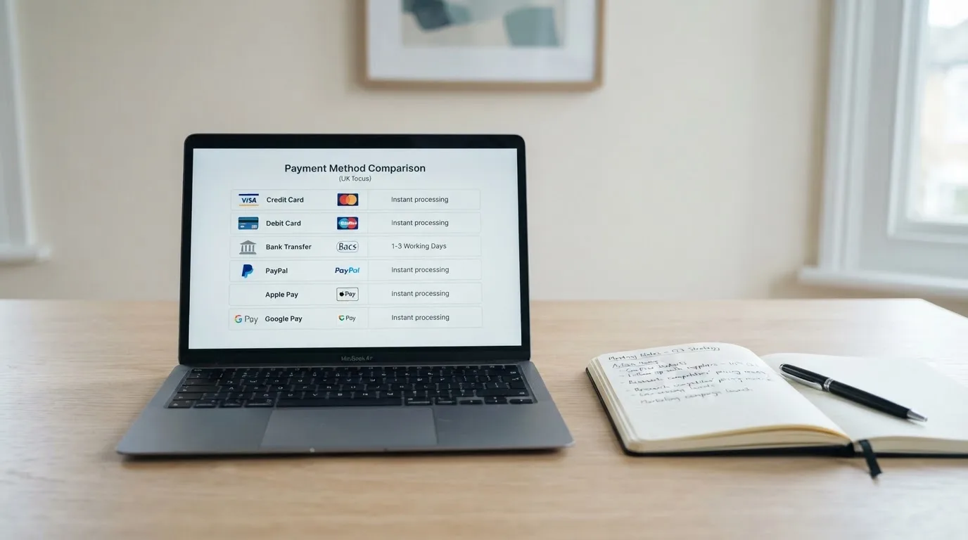A laptop screen showing a comparison table of casino payment options, next to a notebook with handwritten notes and a pen.