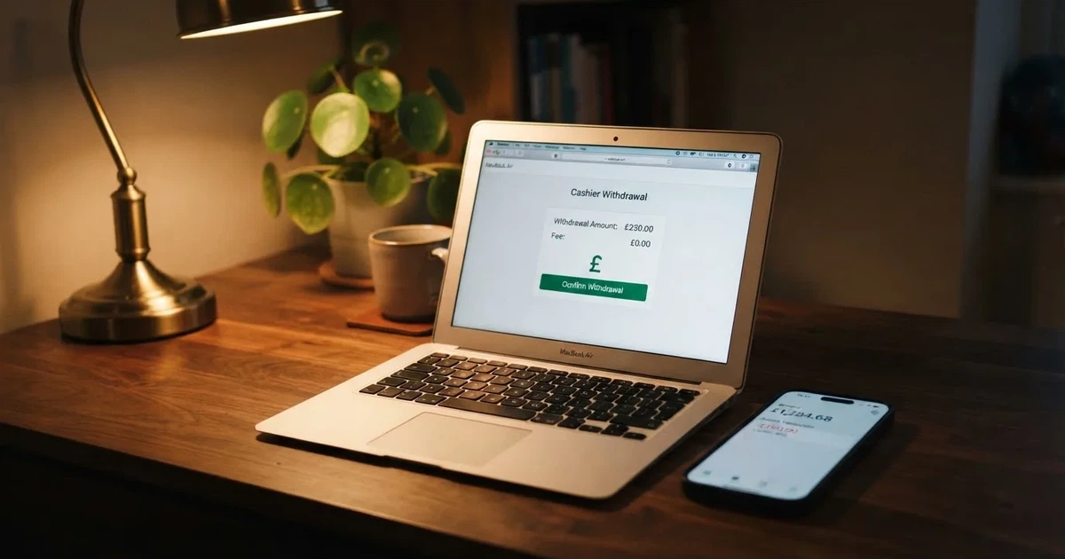 A smartphone displaying a banking app beside a laptop showing a casino cashier withdrawal screen, both lit by desk lamp light.